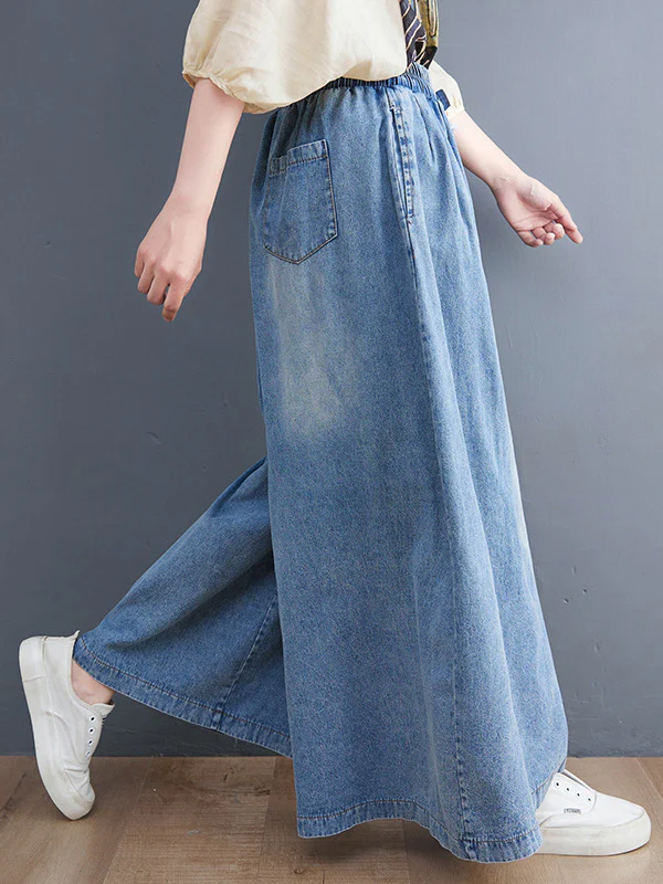 Simple Casual Loose Wide Leg Drawstring Jean Pants - Image 4