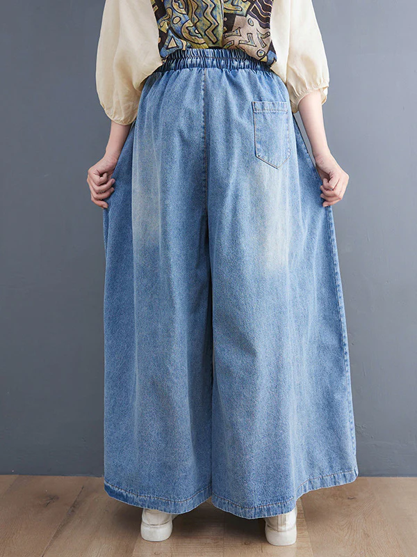 Simple Casual Loose Wide Leg Drawstring Jean Pants - Image 5