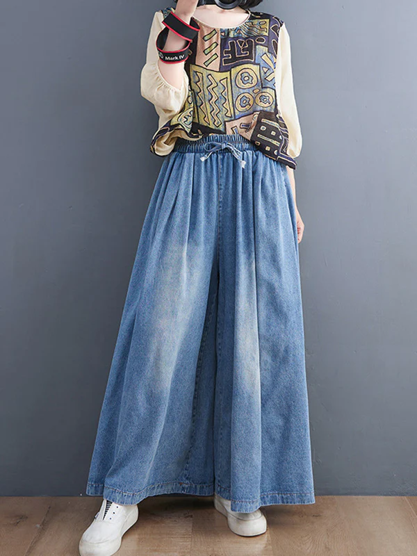 Simple Casual Loose Wide Leg Drawstring Jean Pants - Image 6