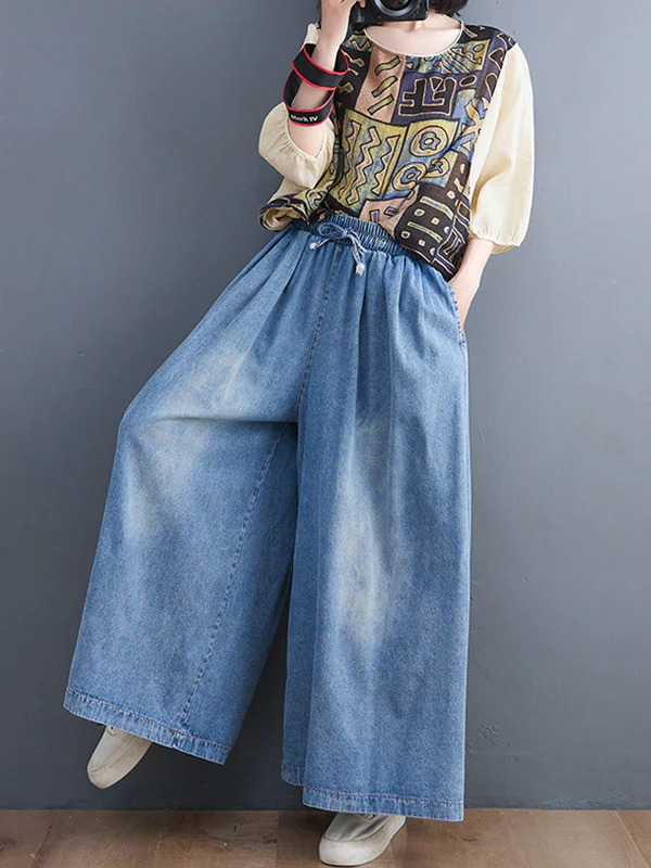 Simple Casual Loose Wide Leg Drawstring Jean Pants - Image 7