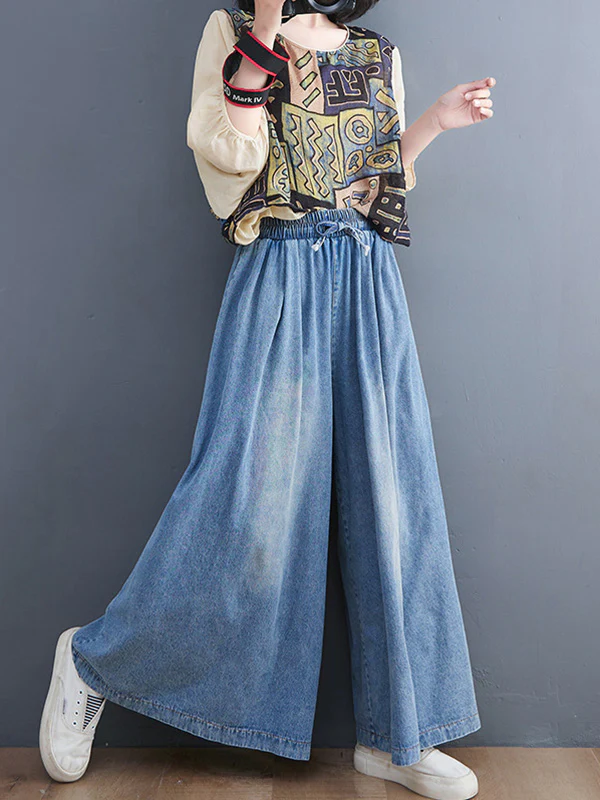 Simple Casual Loose Wide Leg Drawstring Jean Pants - Image 8