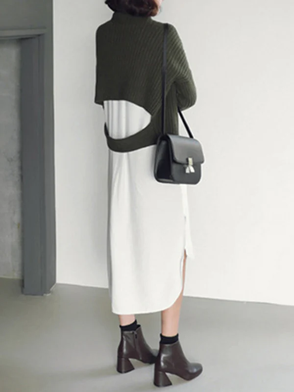 Simple Casual Solid Color Buttoned Lapel Collar Long Sleeves Midi Shirt Dress - Image 11