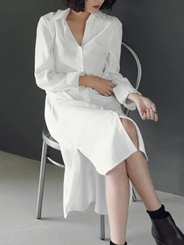 Simple Casual Solid Color Buttoned Lapel Collar Long Sleeves Midi Shirt Dress - Image 2