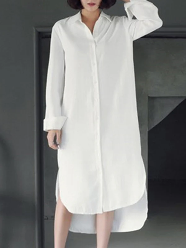 Simple Casual Solid Color Buttoned Lapel Collar Long Sleeves Midi Shirt Dress - Image 3