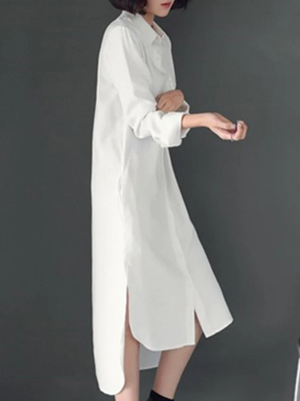 Simple Casual Solid Color Buttoned Lapel Collar Long Sleeves Midi Shirt Dress - Image 4