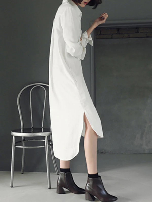 Simple Casual Solid Color Buttoned Lapel Collar Long Sleeves Midi Shirt Dress - Image 5