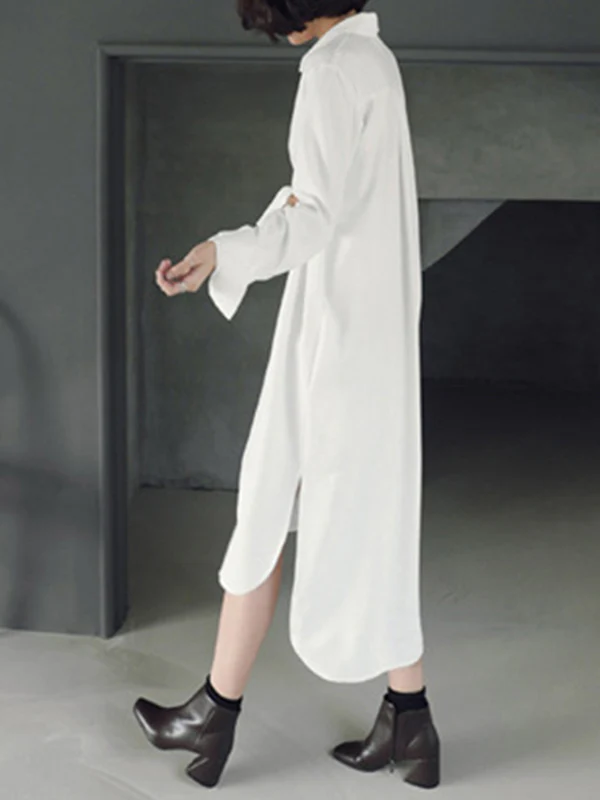 Simple Casual Solid Color Buttoned Lapel Collar Long Sleeves Midi Shirt Dress - Image 6
