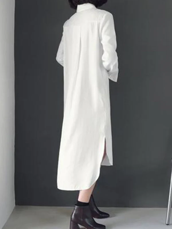 Simple Casual Solid Color Buttoned Lapel Collar Long Sleeves Midi Shirt Dress - Image 7