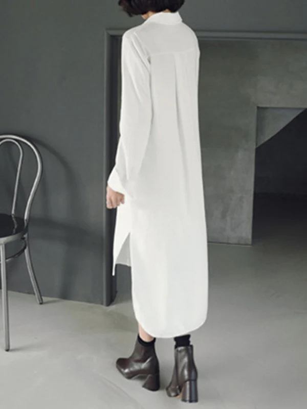 Simple Casual Solid Color Buttoned Lapel Collar Long Sleeves Midi Shirt Dress - Image 8