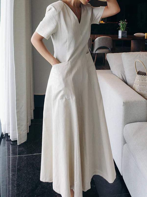 Simple Casual Solid Color Pleated Midi Dress - Image 10