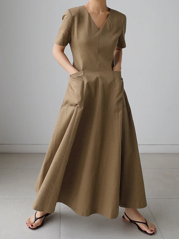Simple Casual Solid Color Pleated Midi Dress - Image 2