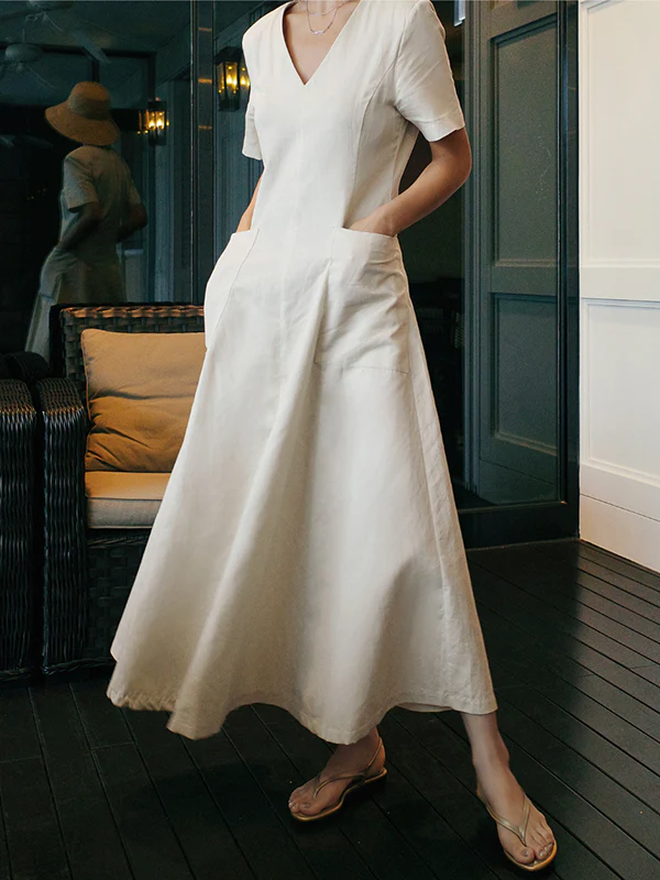 Simple Casual Solid Color Pleated Midi Dress - Image 3