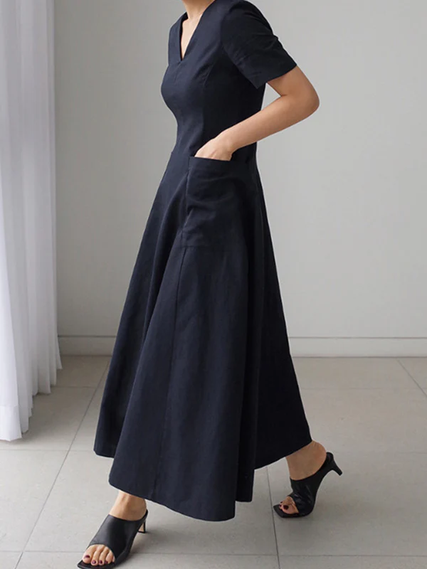 Simple Casual Solid Color Pleated Midi Dress - Image 5