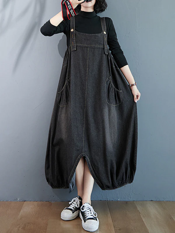 Simple Denim Buttoned Overalls&Dress - Image 4