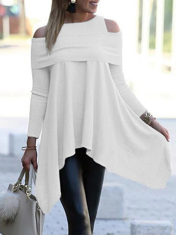 Simple Irregularity Loose Hollow Solid Color Cold Shoulder T-Shirts Tops - Image 2