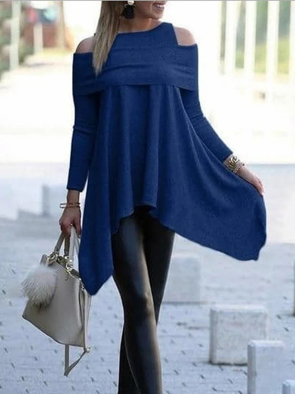 Simple Irregularity Loose Hollow Solid Color Cold Shoulder T-Shirts Tops - Image 3