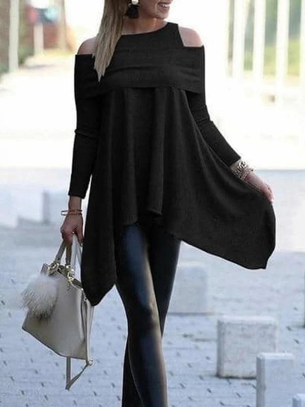 Simple Irregularity Loose Hollow Solid Color Cold Shoulder T-Shirts Tops - Image 4