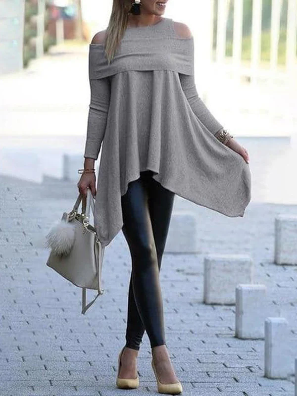 Simple Irregularity Loose Hollow Solid Color Cold Shoulder T-Shirts Tops - Image 5