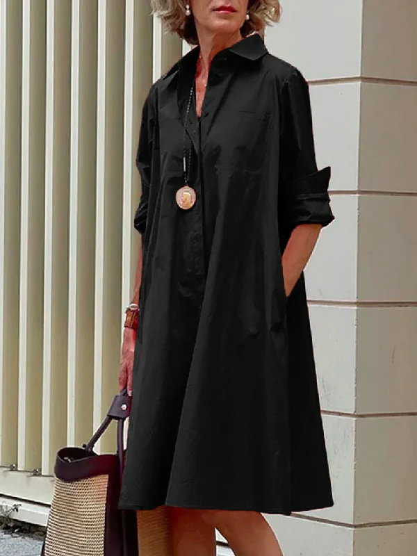 Simple Long Sleeves Solid Color Lapel Midi Dress - Image 2