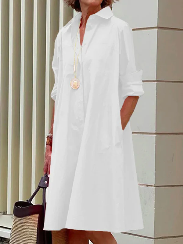 Simple Long Sleeves Solid Color Lapel Midi Dress - Image 3