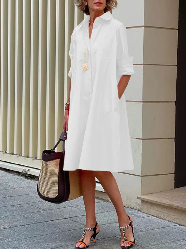 Simple Long Sleeves Solid Color Lapel Midi Dress - Image 4