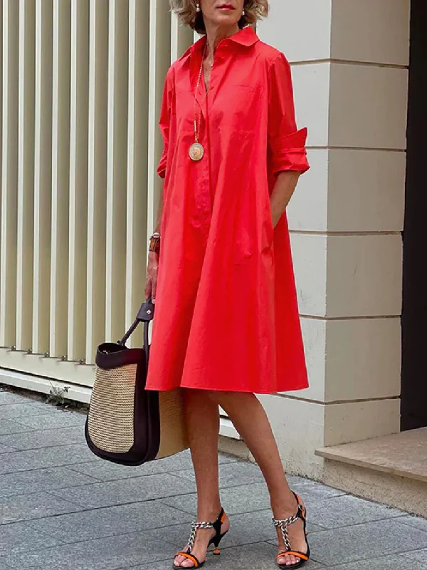Simple Long Sleeves Solid Color Lapel Midi Dress - Image 5