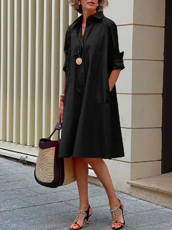 Simple Long Sleeves Solid Color Lapel Midi Dress - Image 6