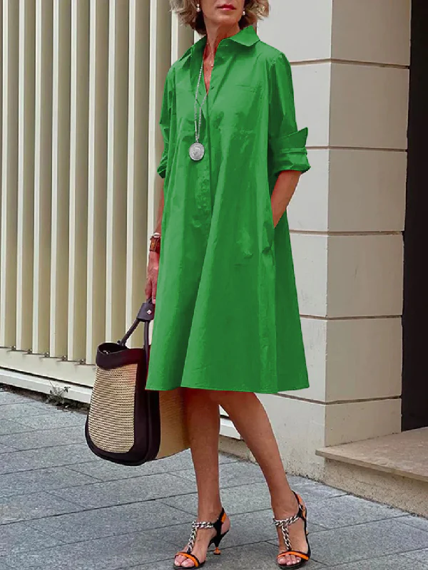 Simple Long Sleeves Solid Color Lapel Midi Dress - Image 7