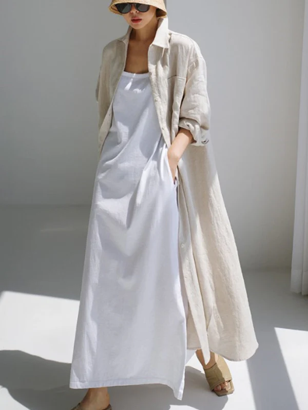 Simple Long Sleeves Split-Side Solid Color Lapel Midi Dresses Shirt Dress - Image 10