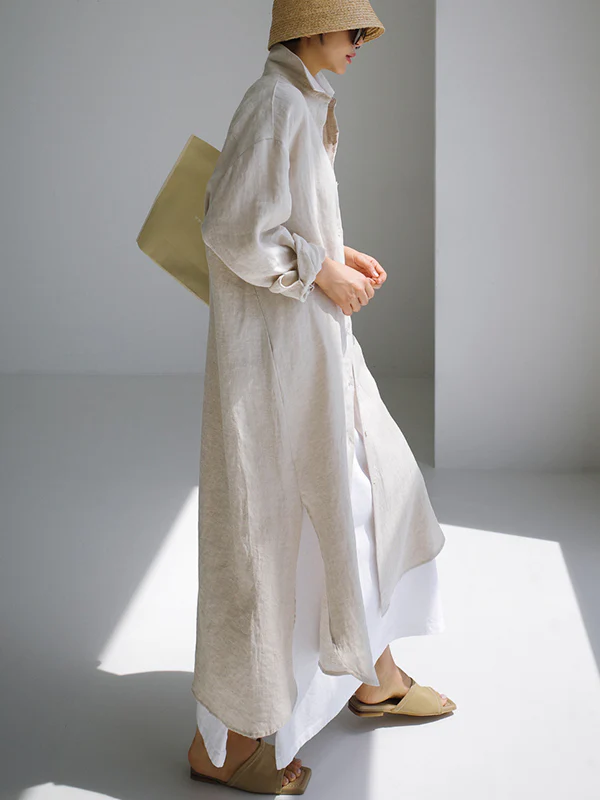 Simple Long Sleeves Split-Side Solid Color Lapel Midi Dresses Shirt Dress - Image 11