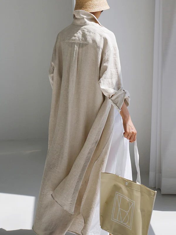 Simple Long Sleeves Split-Side Solid Color Lapel Midi Dresses Shirt Dress - Image 12
