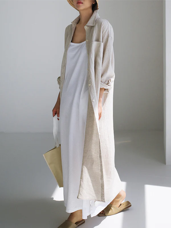 Simple Long Sleeves Split-Side Solid Color Lapel Midi Dresses Shirt Dress - Image 13
