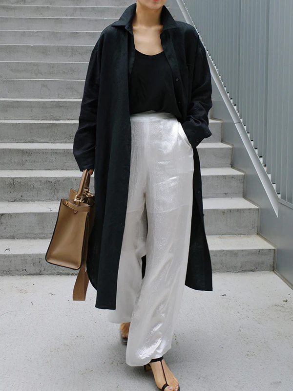 Simple Long Sleeves Split-Side Solid Color Lapel Midi Dresses Shirt Dress - Image 14