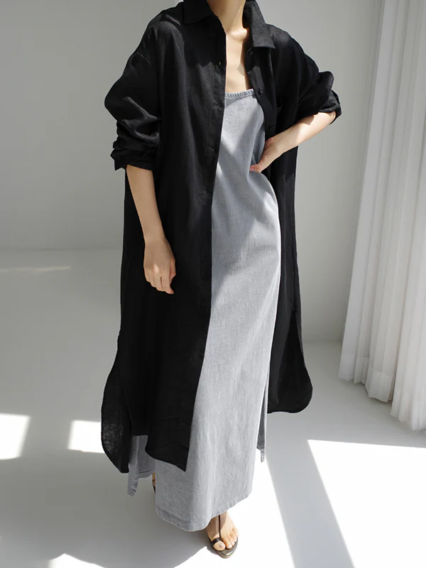 Simple Long Sleeves Split-Side Solid Color Lapel Midi Dresses Shirt Dress - Image 15