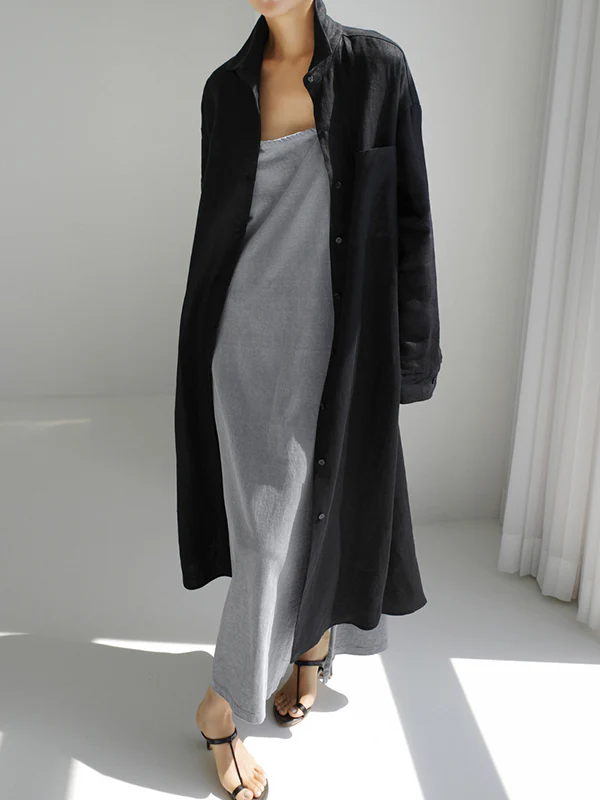 Simple Long Sleeves Split-Side Solid Color Lapel Midi Dresses Shirt Dress - Image 16