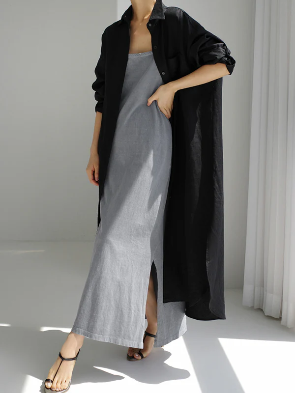 Simple Long Sleeves Split-Side Solid Color Lapel Midi Dresses Shirt Dress - Image 17