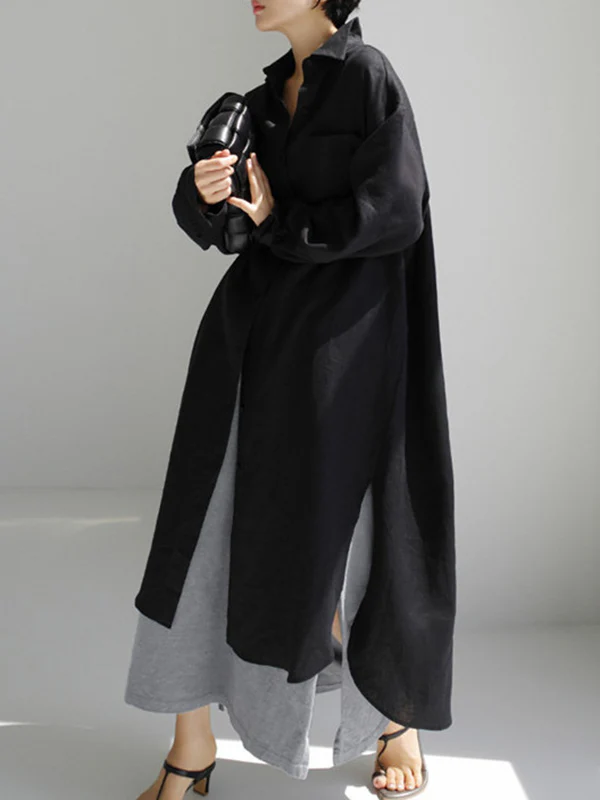 Simple Long Sleeves Split-Side Solid Color Lapel Midi Dresses Shirt Dress - Image 18