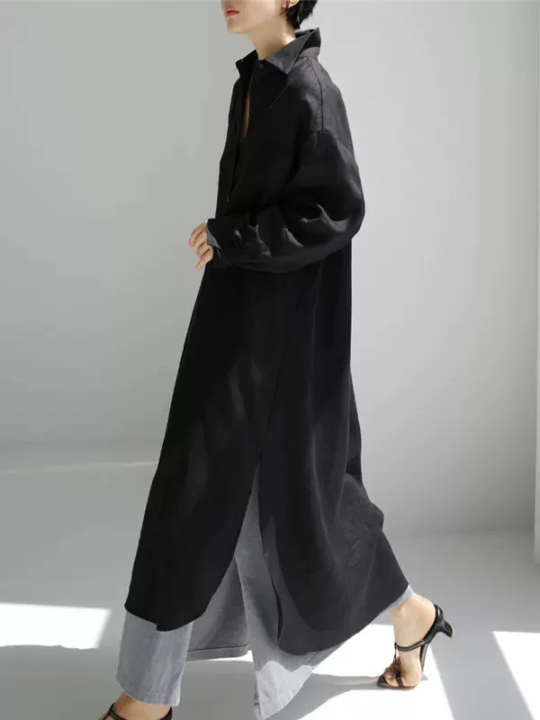 Simple Long Sleeves Split-Side Solid Color Lapel Midi Dresses Shirt Dress - Image 19