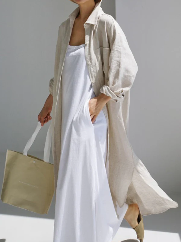 Simple Long Sleeves Split-Side Solid Color Lapel Midi Dresses Shirt Dress - Image 2