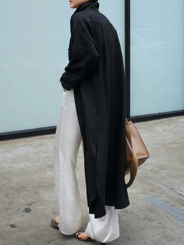 Simple Long Sleeves Split-Side Solid Color Lapel Midi Dresses Shirt Dress - Image 20