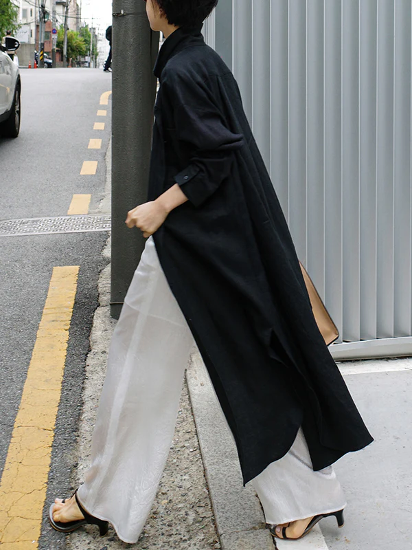 Simple Long Sleeves Split-Side Solid Color Lapel Midi Dresses Shirt Dress - Image 21