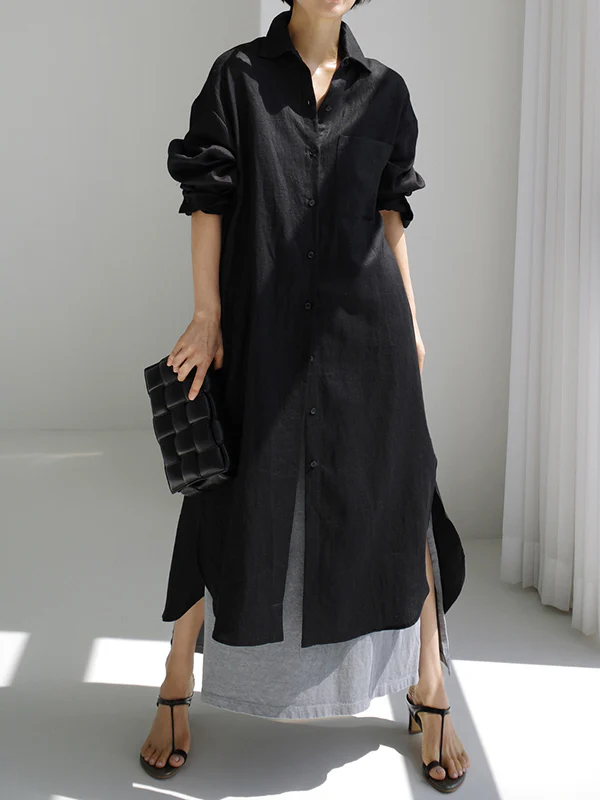Simple Long Sleeves Split-Side Solid Color Lapel Midi Dresses Shirt Dress - Image 3