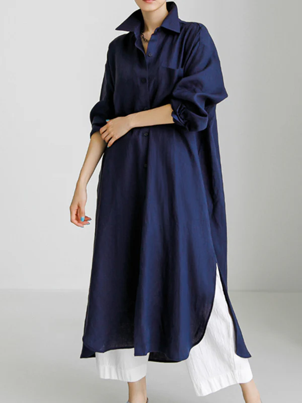 Simple Long Sleeves Split-Side Solid Color Lapel Midi Dresses Shirt Dress - Image 4