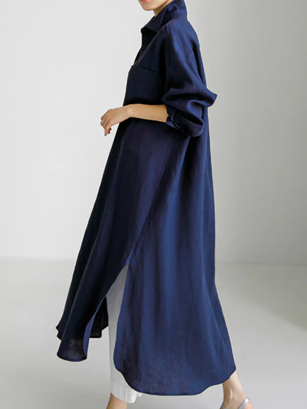 Simple Long Sleeves Split-Side Solid Color Lapel Midi Dresses Shirt Dress - Image 5