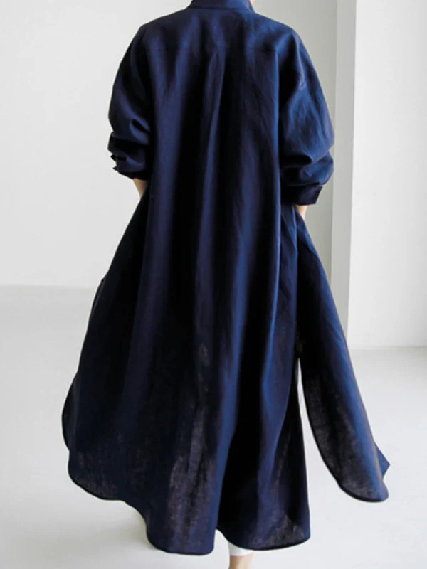 Simple Long Sleeves Split-Side Solid Color Lapel Midi Dresses Shirt Dress - Image 6
