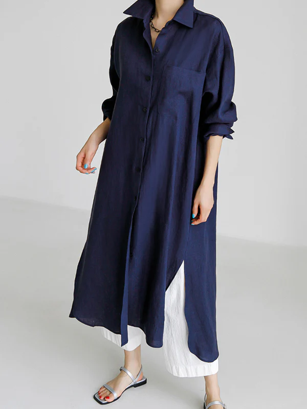 Simple Long Sleeves Split-Side Solid Color Lapel Midi Dresses Shirt Dress - Image 7