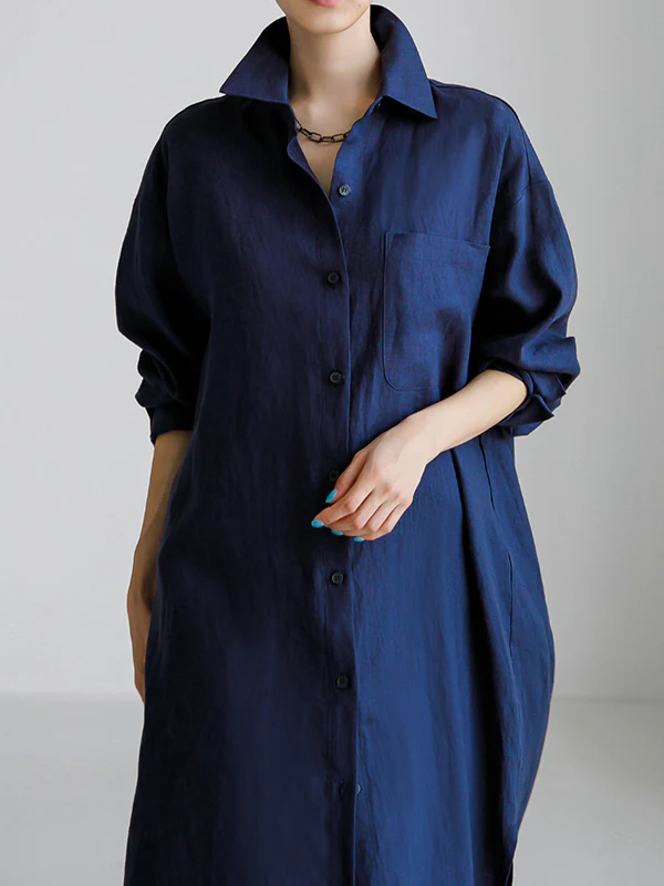 Simple Long Sleeves Split-Side Solid Color Lapel Midi Dresses Shirt Dress - Image 8