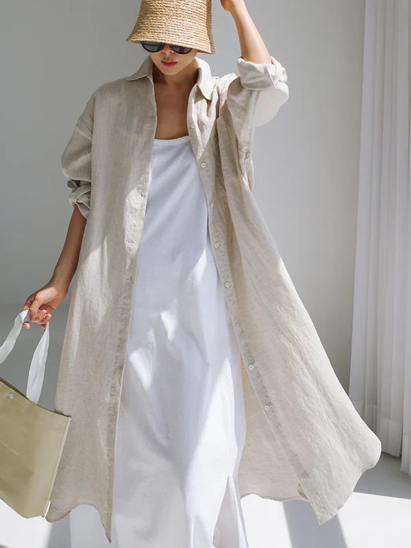 Simple Long Sleeves Split-Side Solid Color Lapel Midi Dresses Shirt Dress - Image 9