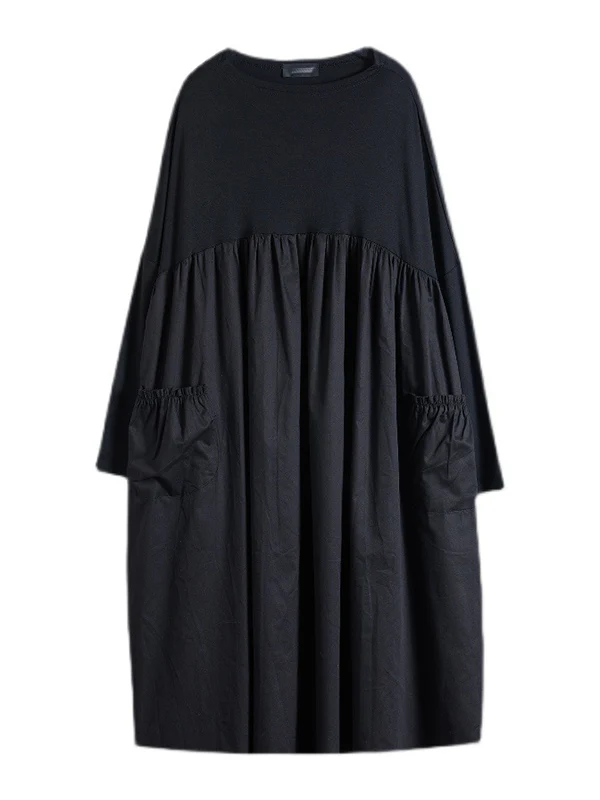 Simple Loose Black Split-Joint Long Sleeves Midi Dress - Image 10