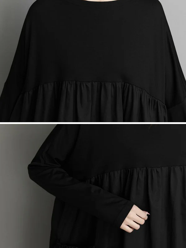 Simple Loose Black Split-Joint Long Sleeves Midi Dress - Image 11